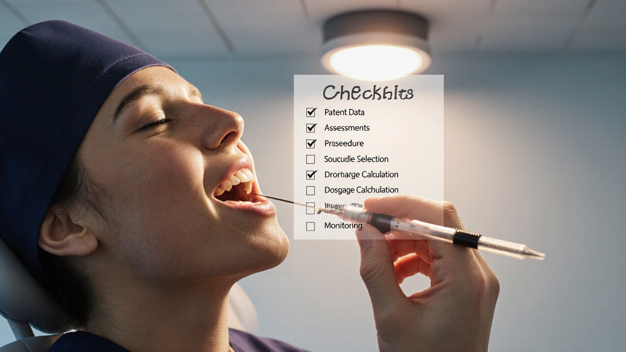 Hammaslääkäri pistää paikallispuudutusta potilaalle tarkistuslistan vieressä.