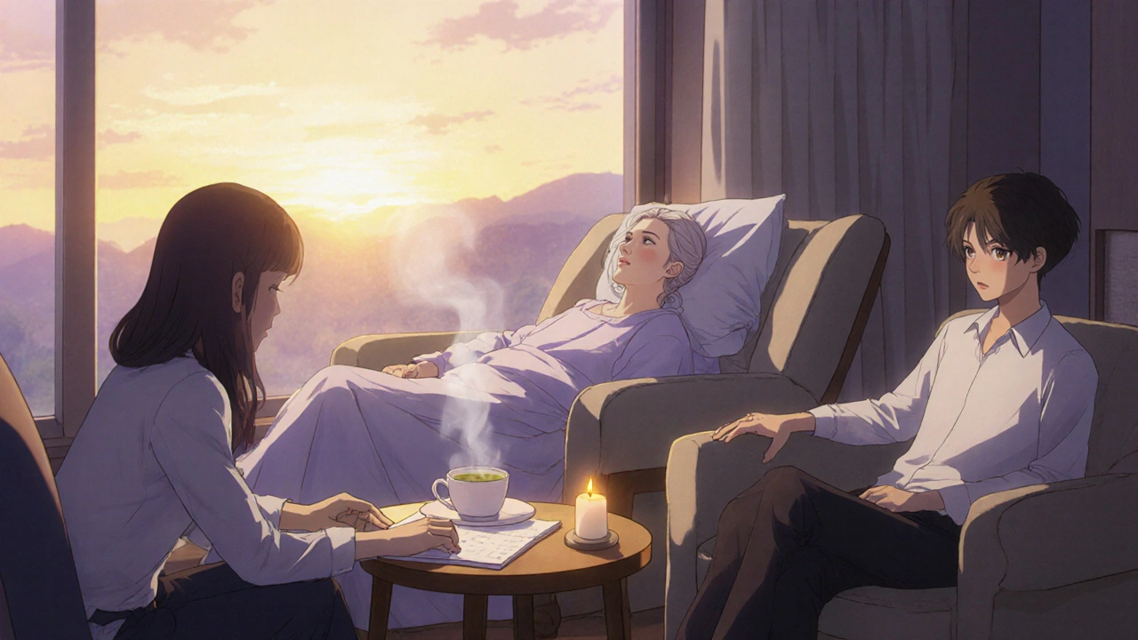 Hellävarainen palliatiivinen hetki, perhe ja tukihenkilöt ovat läsnä.