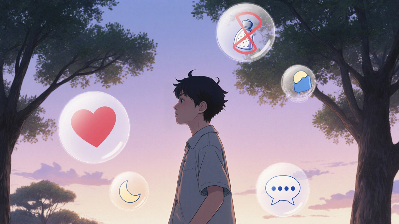 Henkilö kävelee puistossa iloisesti, ympärillä terveysymbolit kuten sydän ja kuukausi.