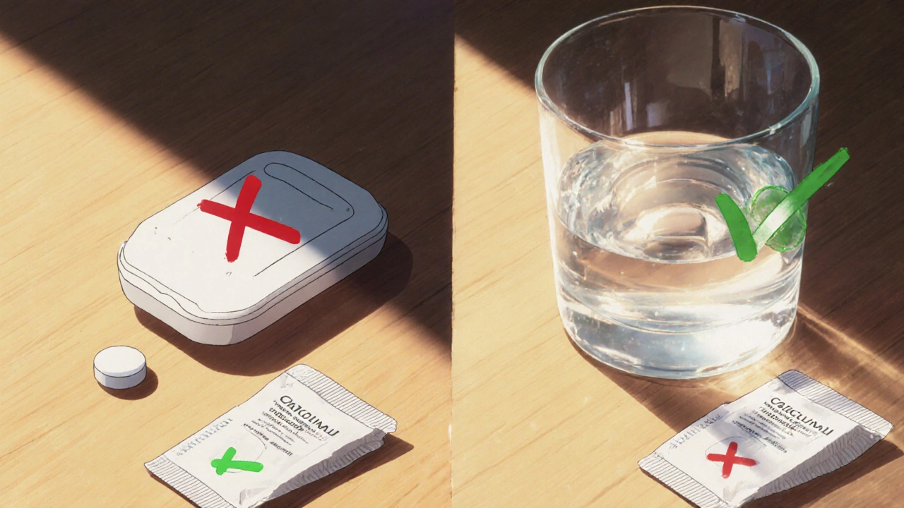 Kaksi kuvaa: vasemmalla bisfosfonaatti ja kalsium yhdessä ristillä, oikealla ne erikseen ja tarkoituksenmukaisesti.