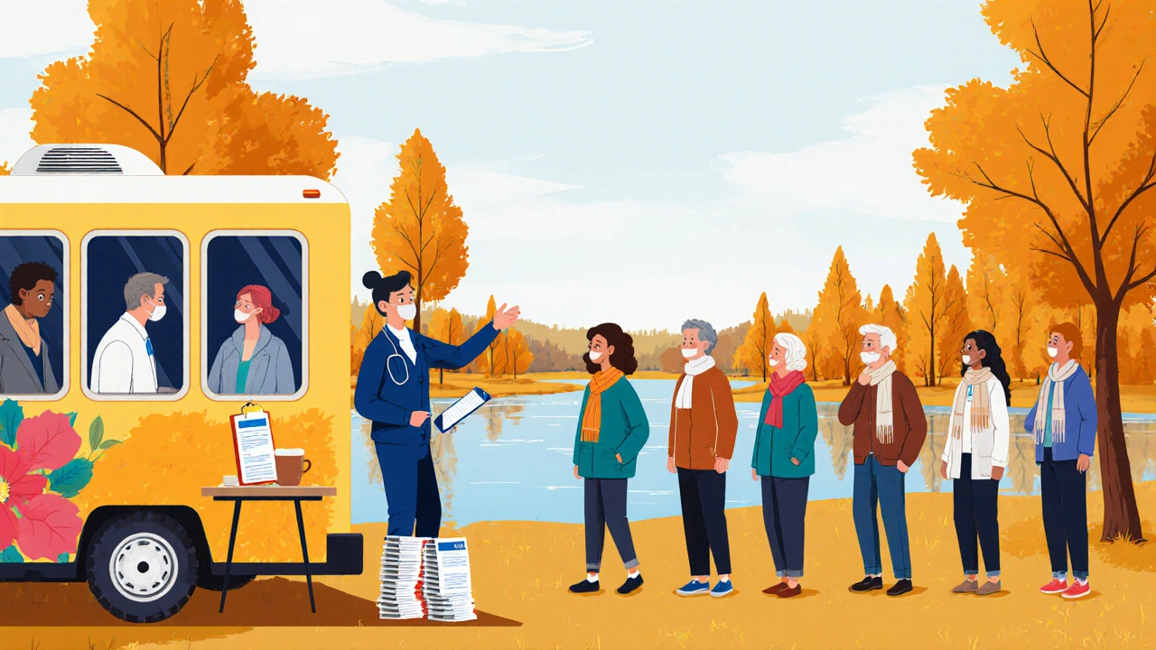 Kesäinen terveysmessu puistossa, mobiilinen seulontayksikkö ja ihmisiä odottamassa.