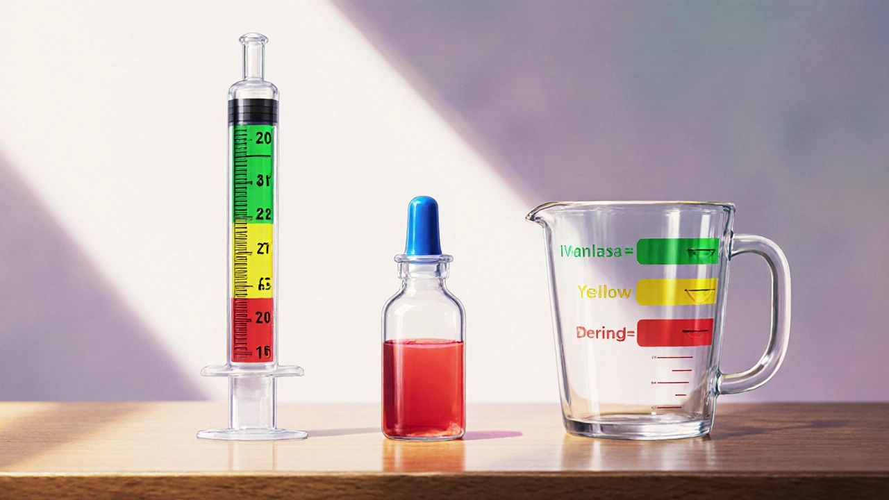 Kolme mittausvälinettä värikoodatuilla mittakaavoilla puunpöydällä, anime‑tyyli.