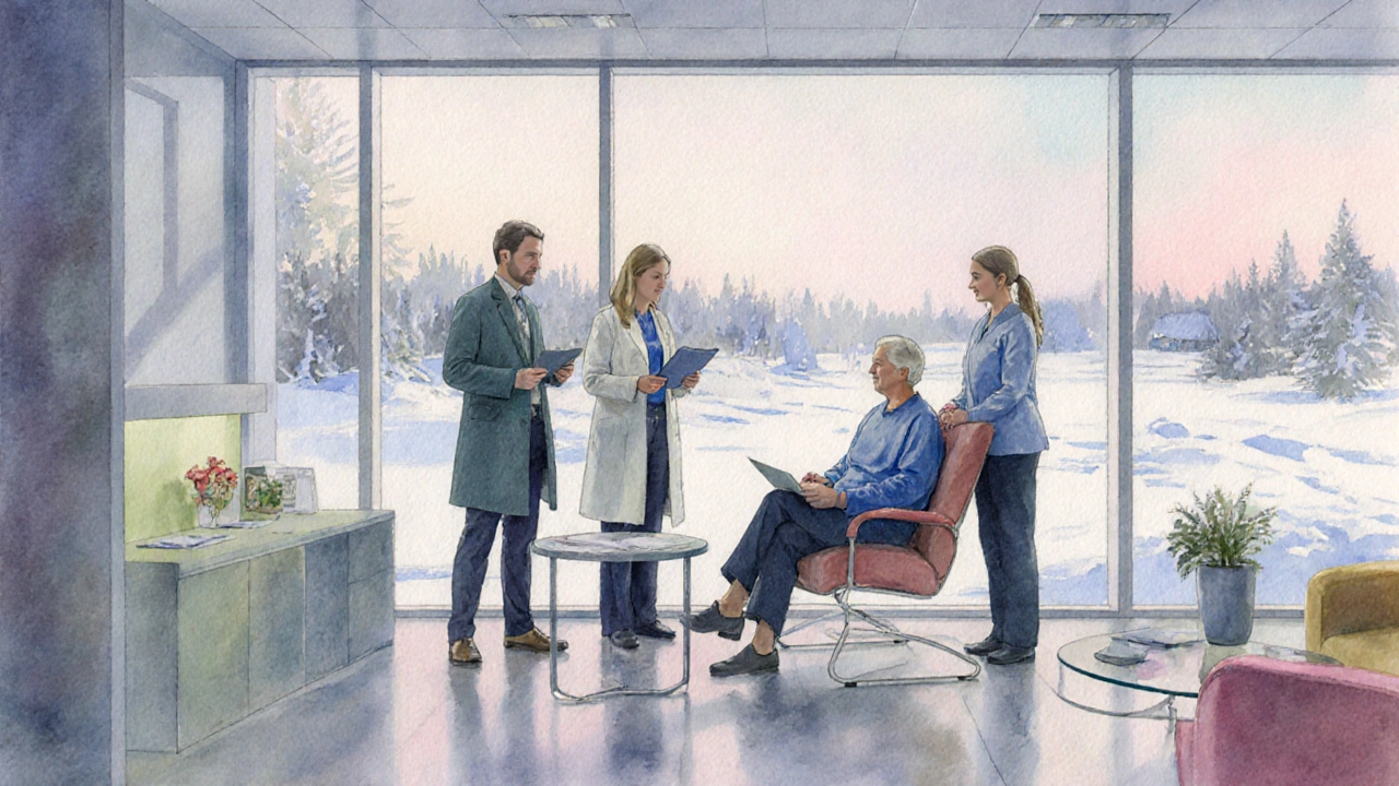 Kuopion kipuklinikassa moniammatillinen tiimi keskustelee potilaan kanssa, ikkuna näyttää lumen.