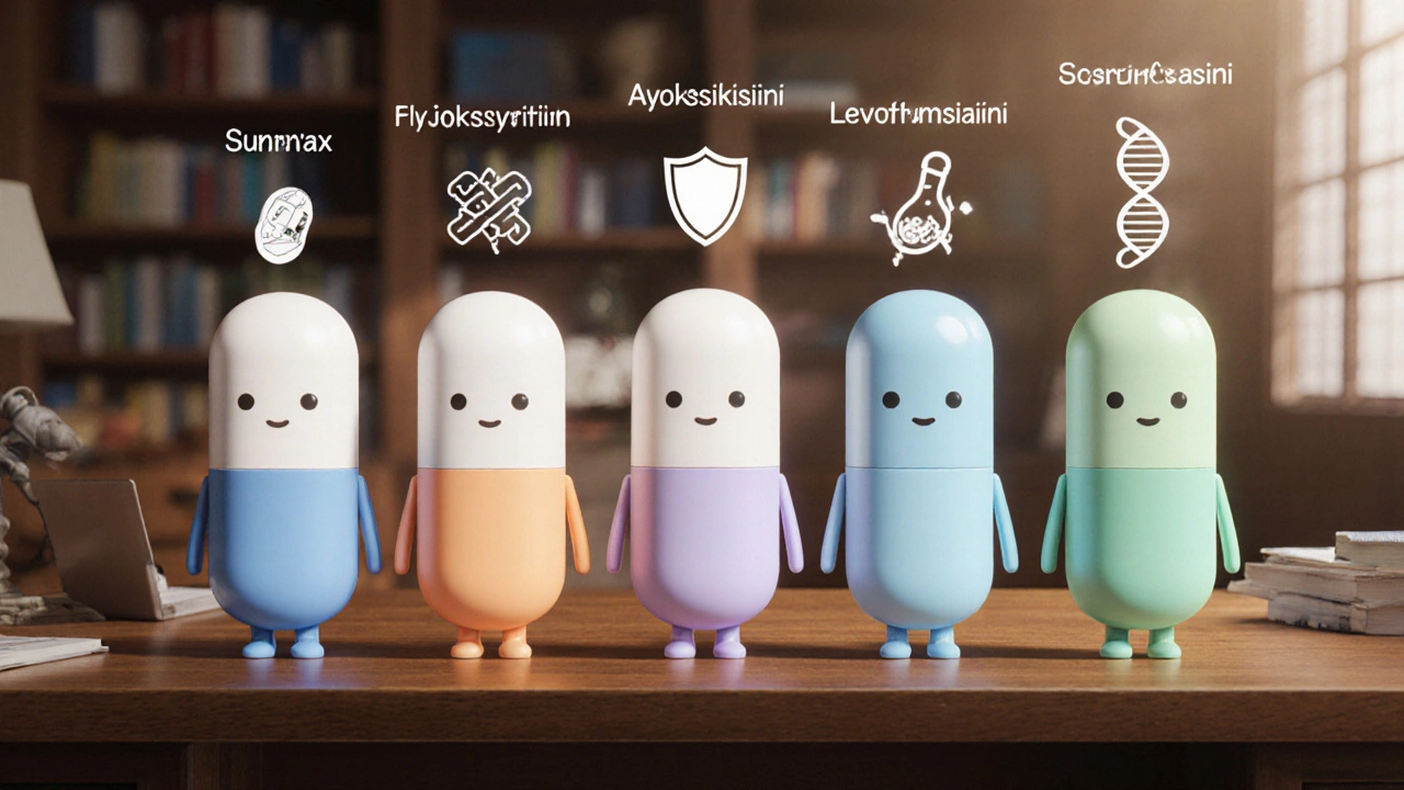 Kuusi animaatiopillikettä seisoo vierekkäin, jokainen edustaa eri antibioottia ja sen spektriä.