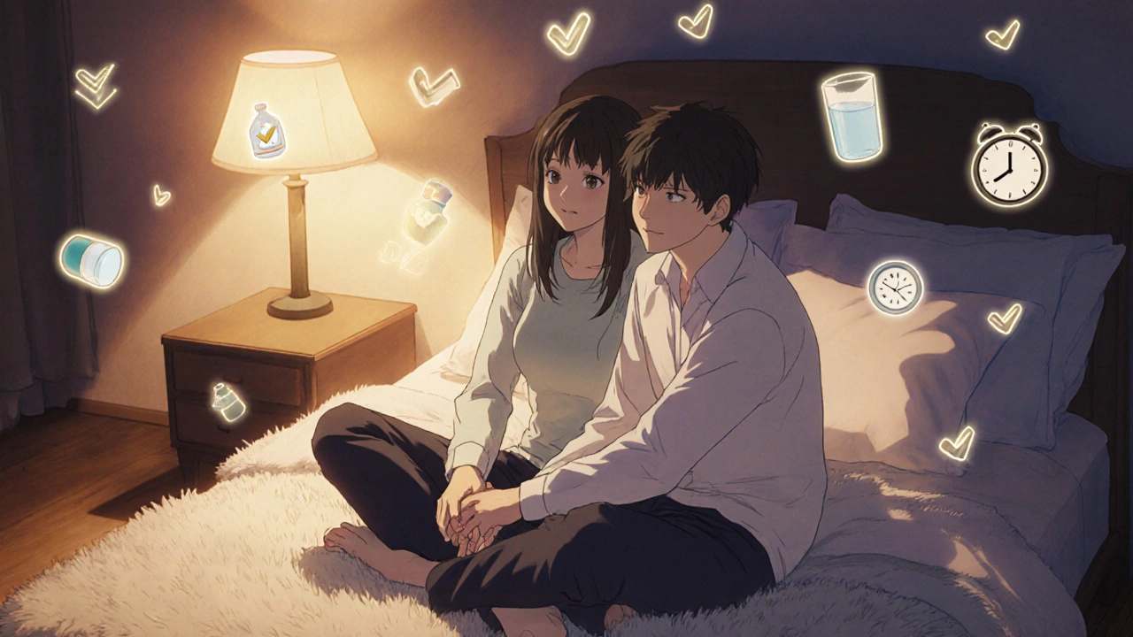 Kuvitteellinen pariskunta rentoutuneena, taustalla tarkistuslista ohjeita.