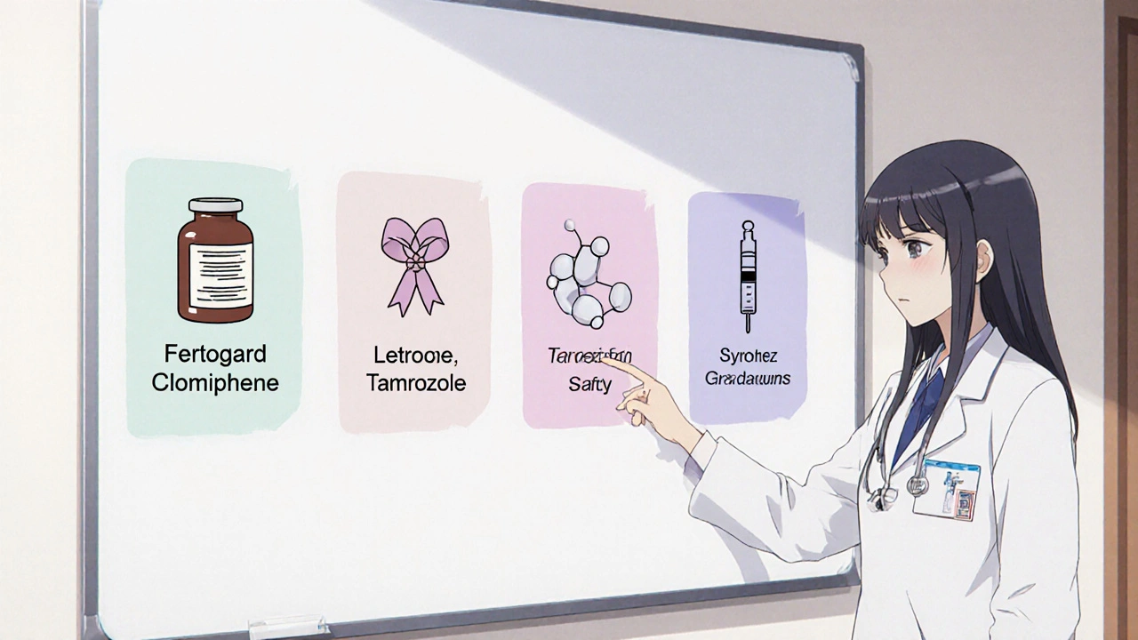 Lääkäri esittelee neljää hedelmällisyyslääkettä luokkahuoneen taululla.