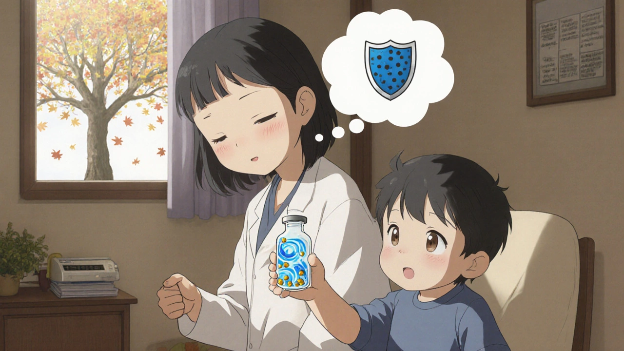 Lääkäri ja lapsi tarkastelevat antibioottiyhdistelmää luotettavasti klinikan olotilassa.