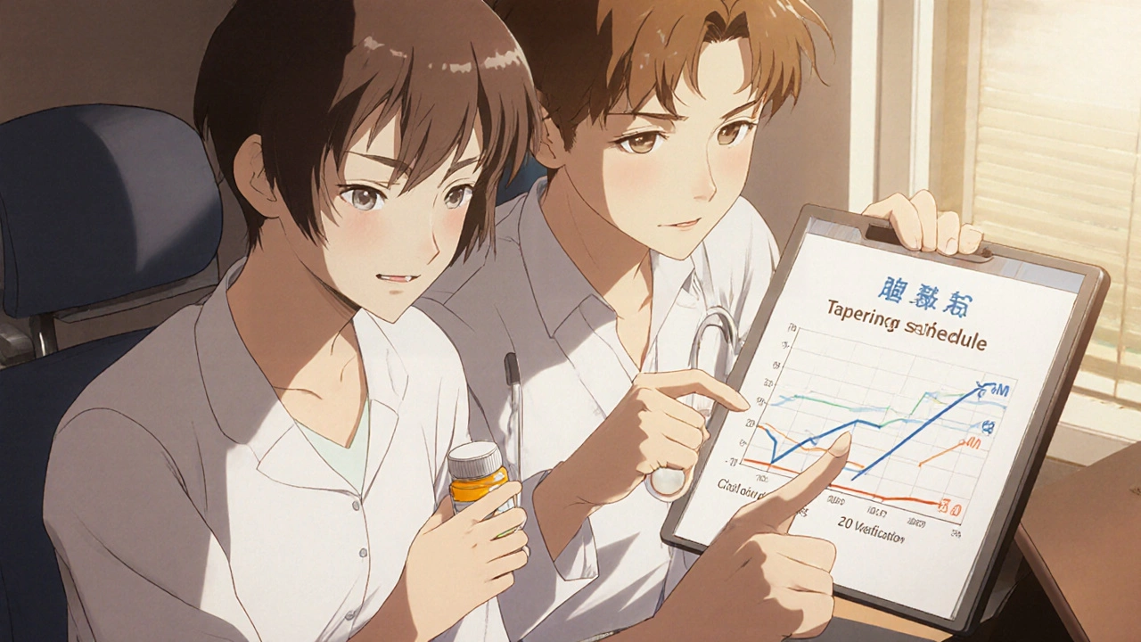 Lääkäri ja potilas tarkastelevat yhdessä lopetuskaaviota tabletilla.