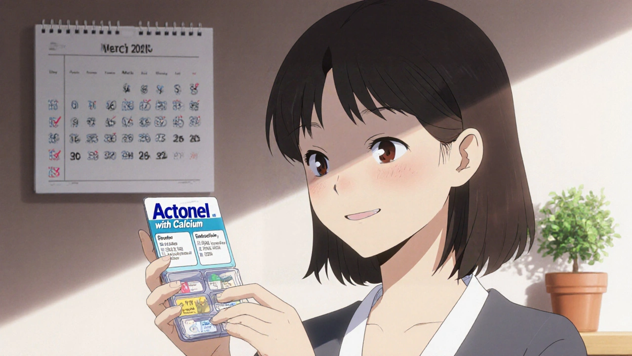 Nainen avaa yhdistetyn lääkepakkauksen, jossa on bisfosfonaatti ja kalsium erillisissä komparteissa.