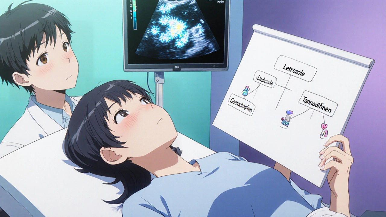 Nainen katsoo ultraäänikuvaa ja näkee kehittyvät follikkelit klinikalla.