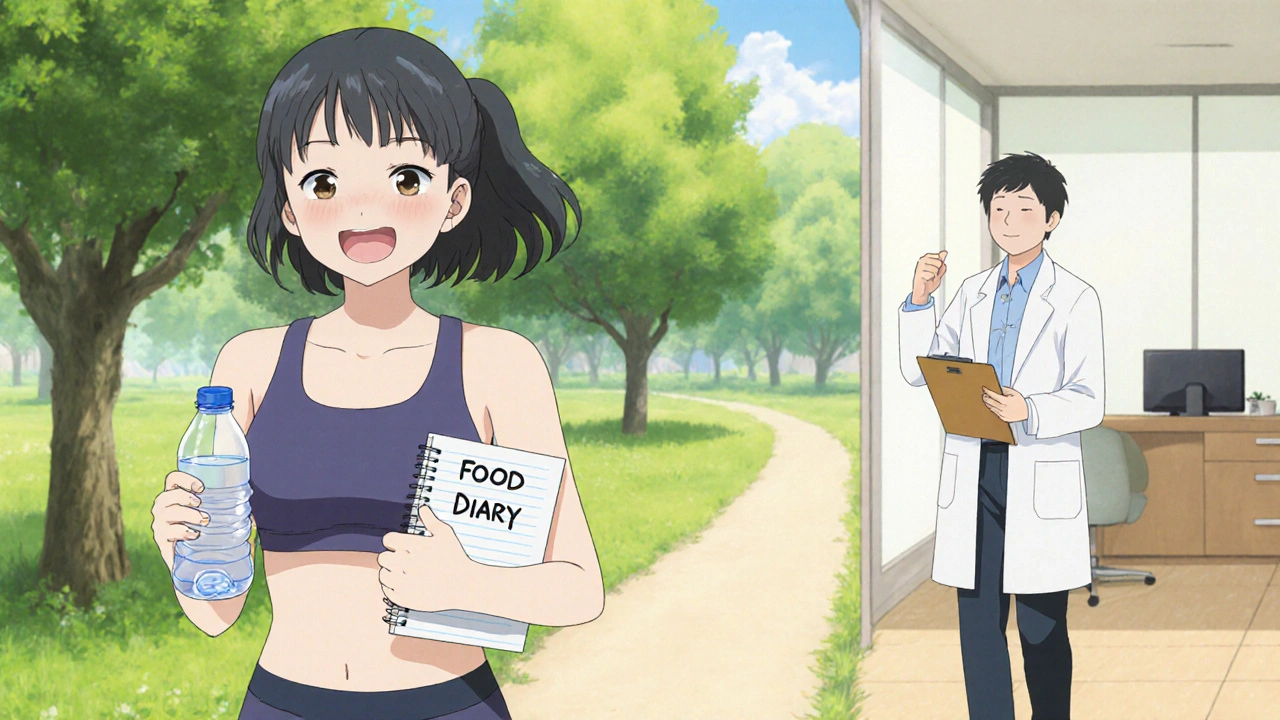 Nainen kävelee puistossa, juo vettä ja pitää ruokapäiväkirjaa, lääkäri tukee.