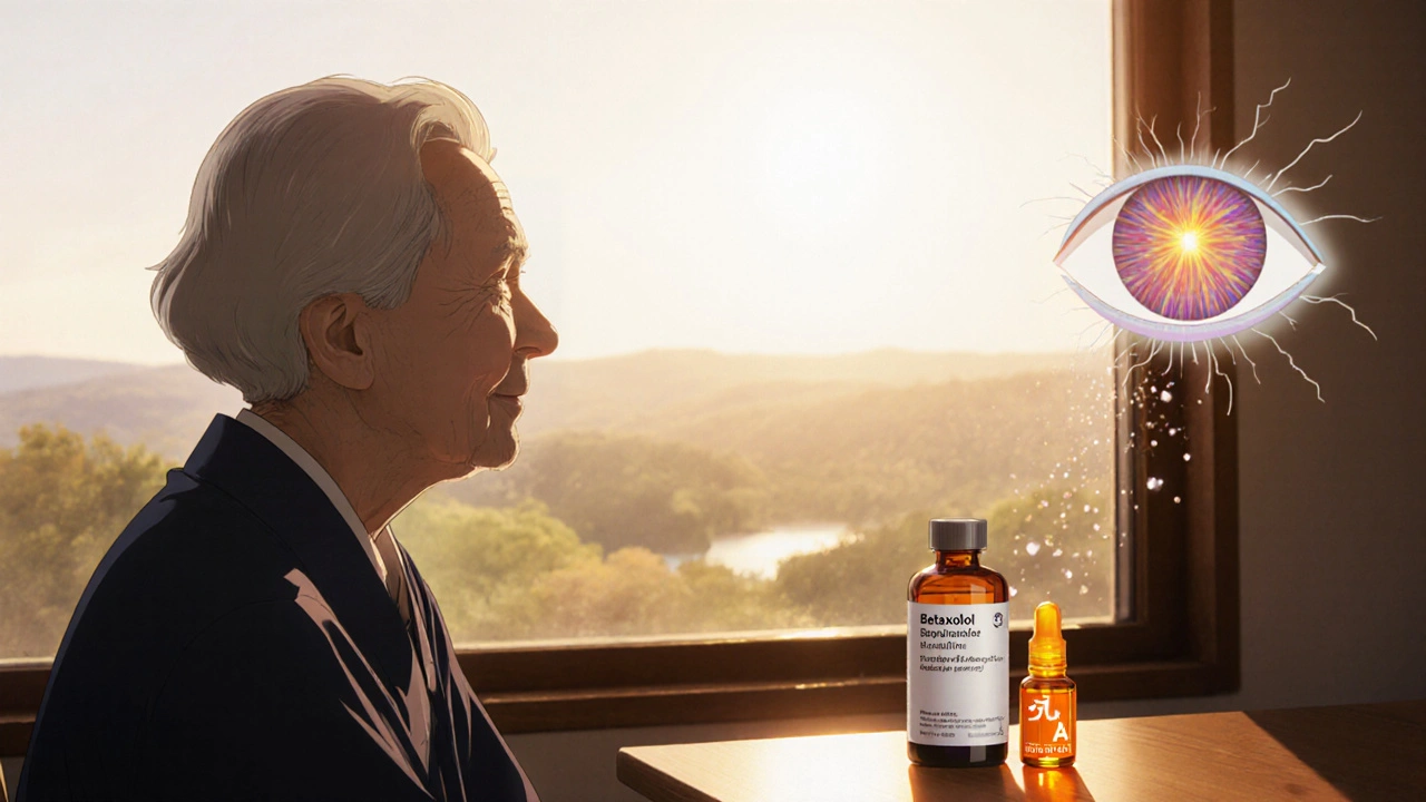 Potilas katsoo ikkunasta, uusia Betaxolol‑pulloja ja A‑vitamiinia.