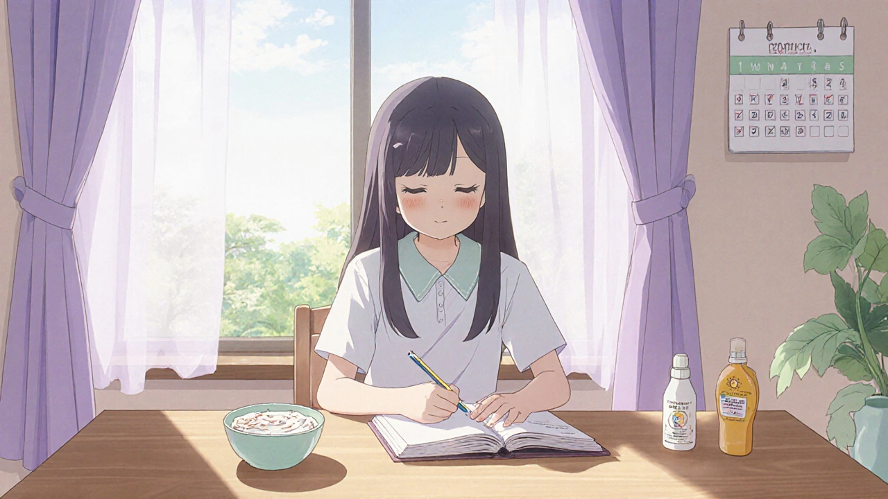 Potilas pitää terveyskirjaa, syö jogurttia ja käyttää aurinkovoidetta.