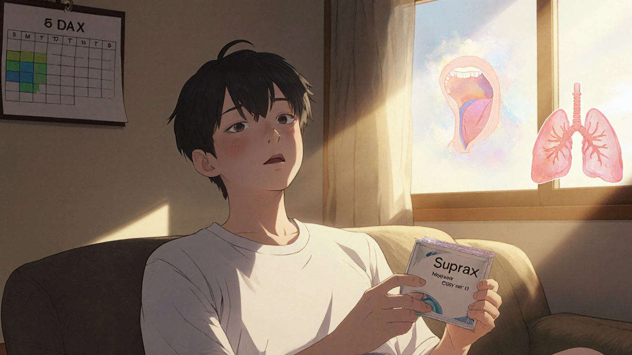 Potilas rentoutuu sohvalla Suprax-pakkauksen kanssa, kalenteri merkitsee hoitojaksoa ja taustalla näkyy parantuneet keuhkot.
