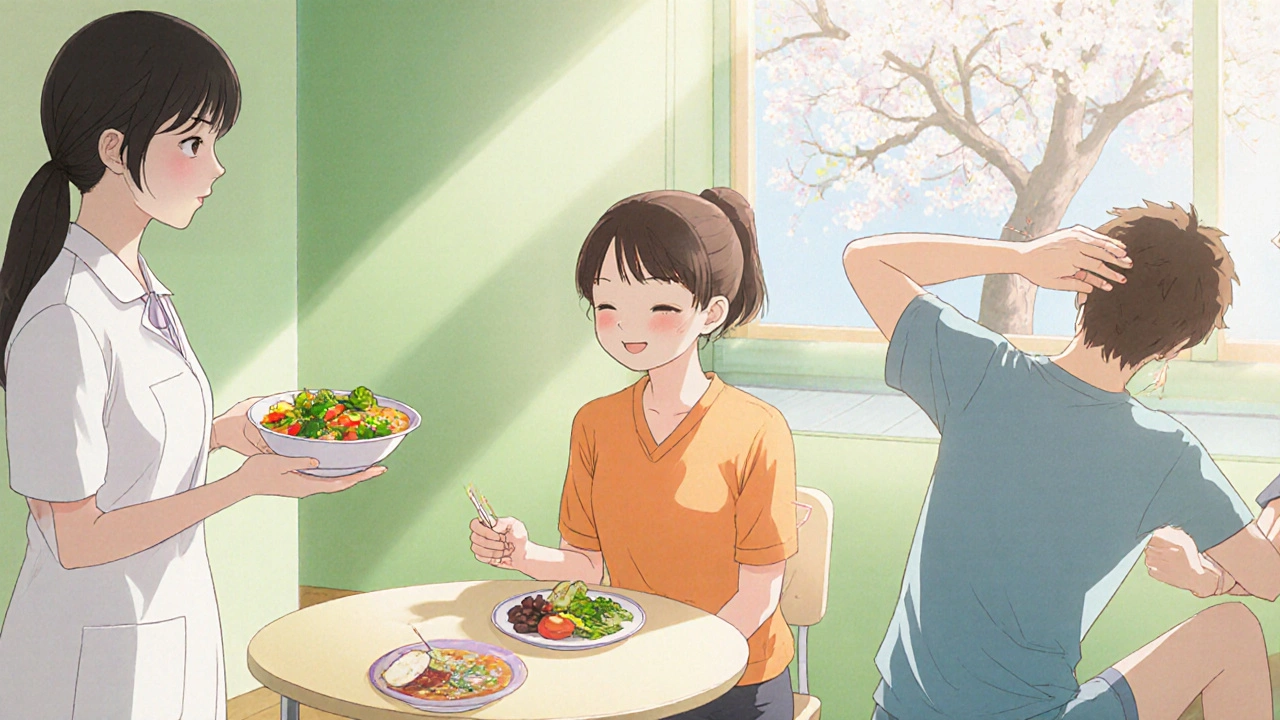 Potilas saa ravitsemusterapiaa, fysioterapiaa ja akupunktiota – ystävällinen hoito.