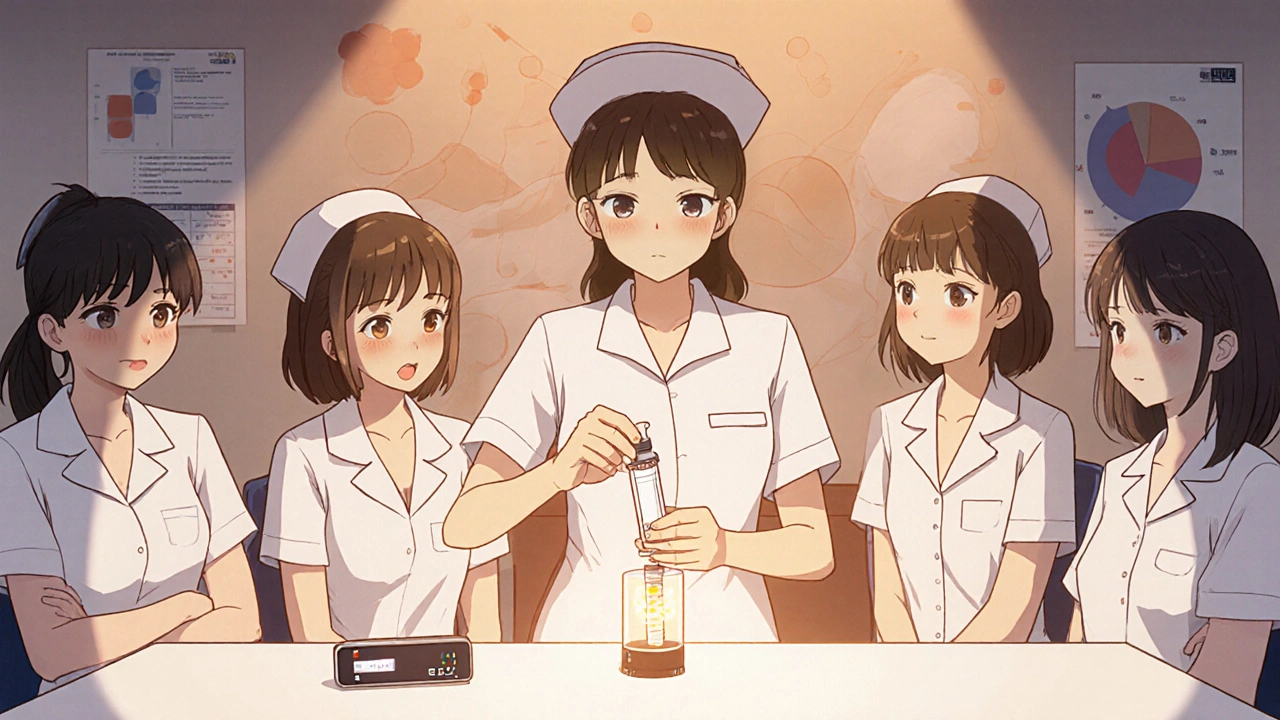 Sairaanhoitajat koulutuksessa käyttämässä visuaalisia annosteluvälineitä, anime‑tyyli.