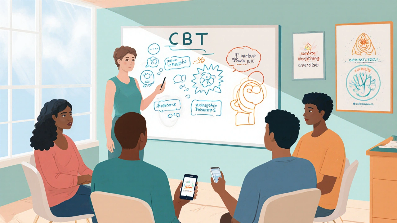 Tukiryhmä istuu ympyrässä, terapeutti kirjoittaa CBT-taululle, puhelimen muistutus näkyy.