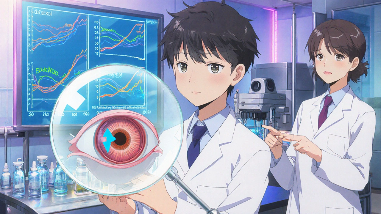 Tutkijat tarkastelevat silmän mallia ja vertailukäyriä laboratoriossa.