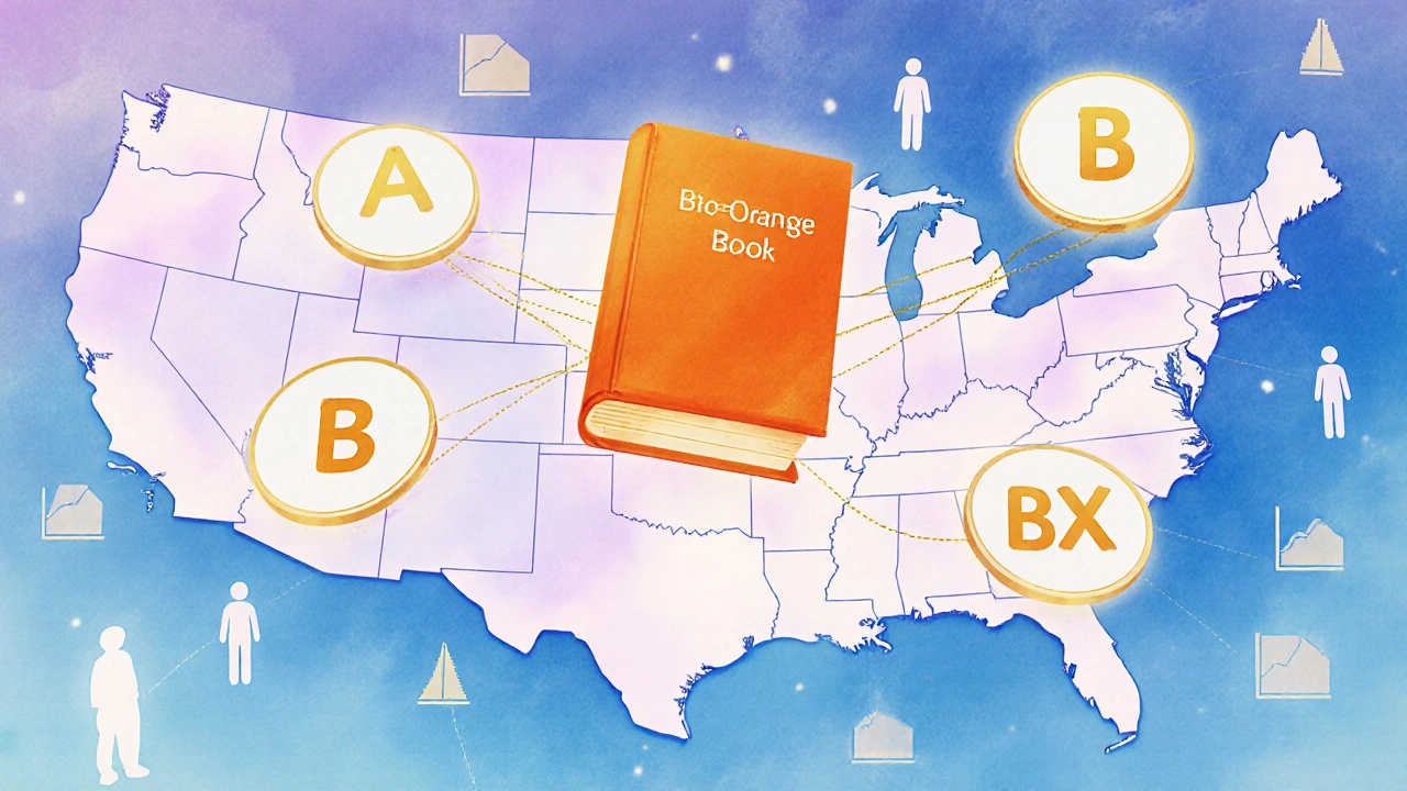 Abstrakti karta Yhdysvaltojen lääkkeiden ekvivalenssikodeista ja Orange Bookista.