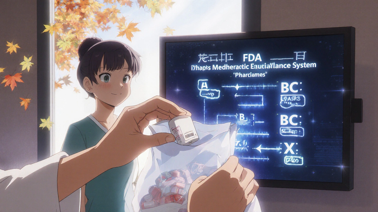 Apothekkarin antaa geenilääkkeen potilaalle, näytöllä näkyy FDA:n ekvivalenssikoodit.