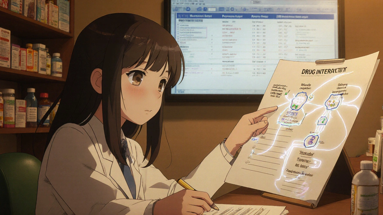 Apteekkari näyttää lääkkeiden vuorovaikutuksia viivakaaviona potilaan kirjallisessa listassa, lämpimässä valossa.