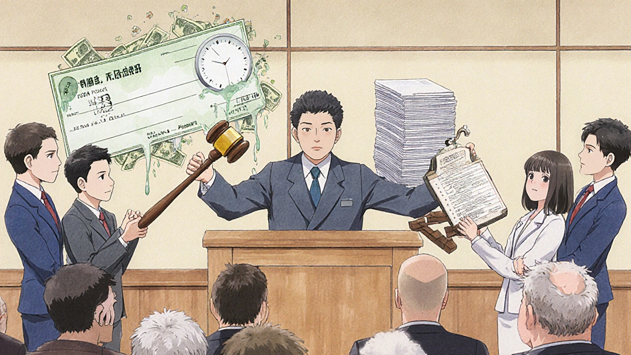 Courtroom scene with pay-for-delay check and broken patent clock, patients watching.