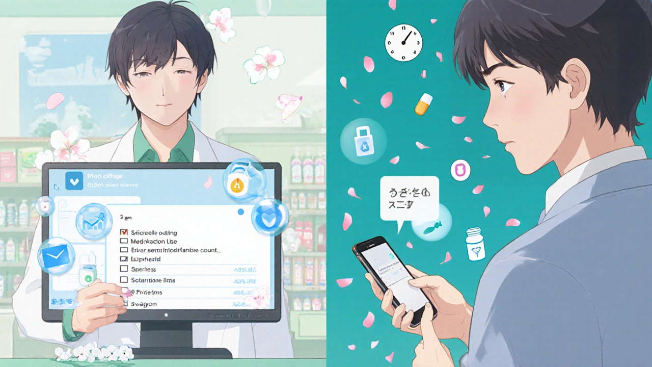 Farmaseutti tarkastelee salattua viestiä ja potilas saa vastauksen, ympäröitynä salaus- ja aikakuvakkeilla.