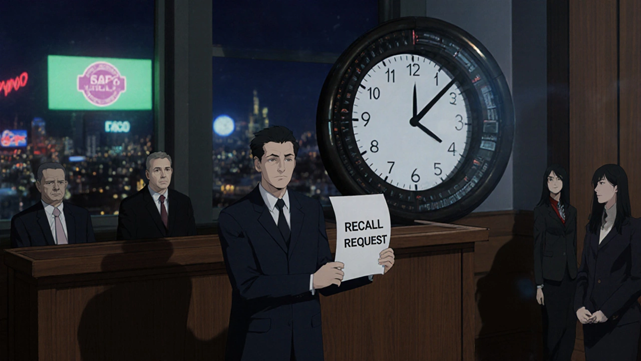 FDA official facing corporate lawyers in a courtroom with a ticking clock in the background.