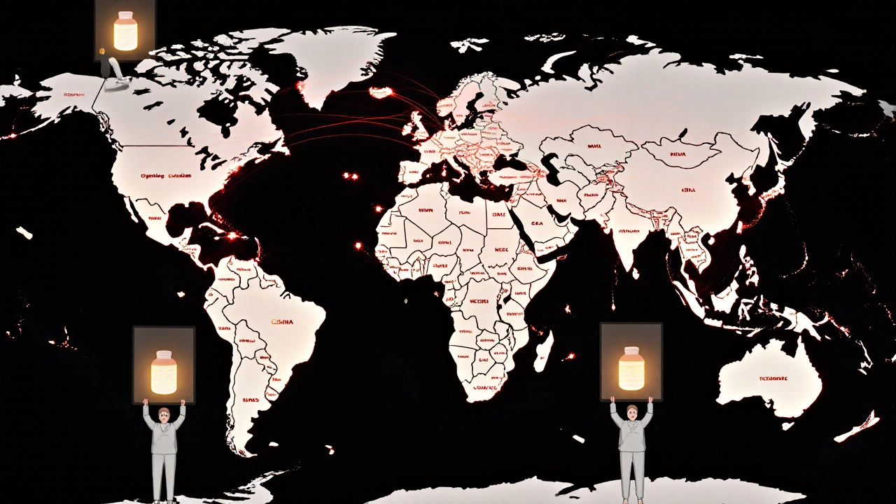 Global digital map with AI detecting price collusion, people holding generic medicine bottles.