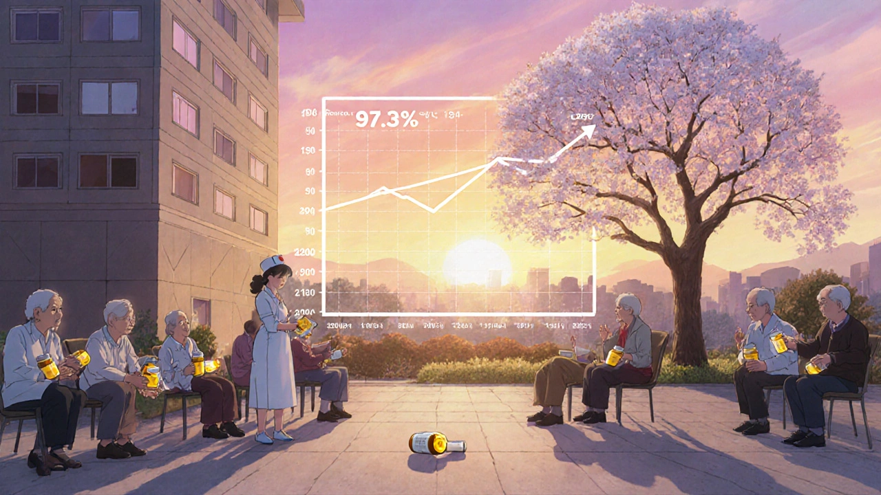 Ikävä potilas saa yleisen lääkkeen, taustalla hintojen lasku esitetään kukkivana puuna.