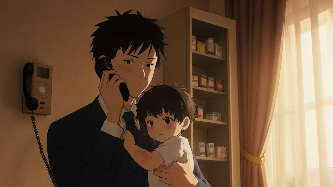 Isä pitää lapsellaan lievää ihottumaa, puhelimen äärellä, lääkkeet lukitussa kaapissa.