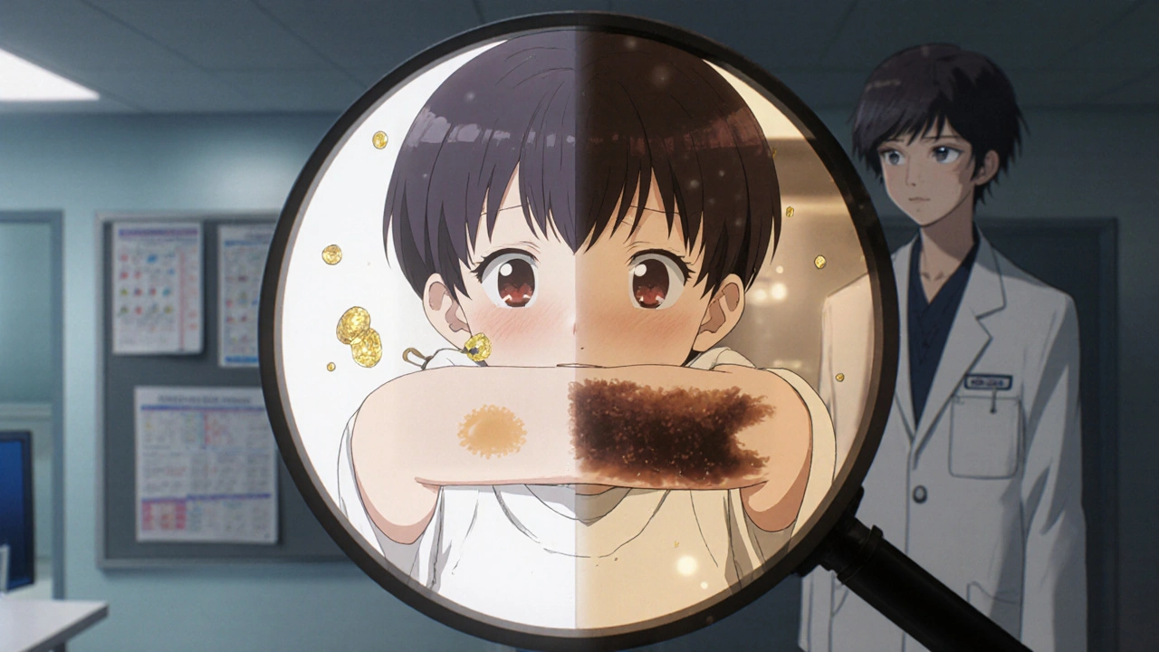 Kahden lapsen käsivartten vertailu: turvallinen hoito vs. vaarallinen kemikaali.