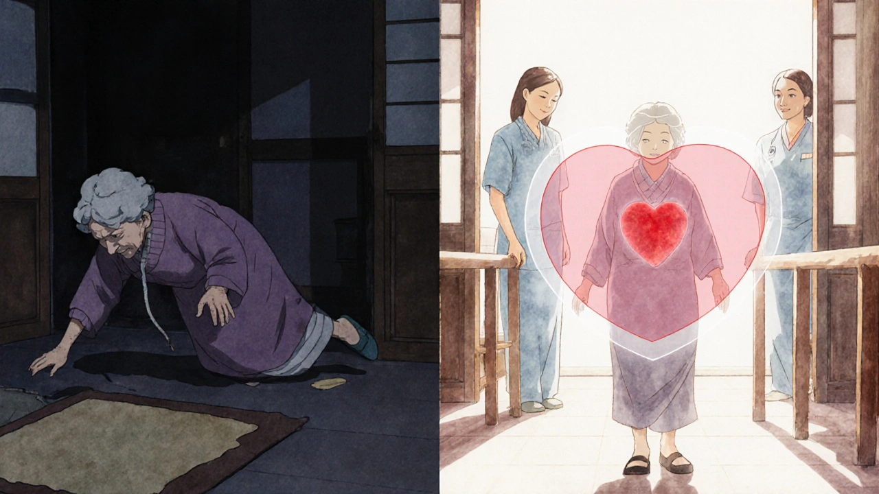 Kaksi kuvaa: vasemmalla potilas sattuu, oikealla hän kävelee turvallisesti tukevien käsijoiden avulla.