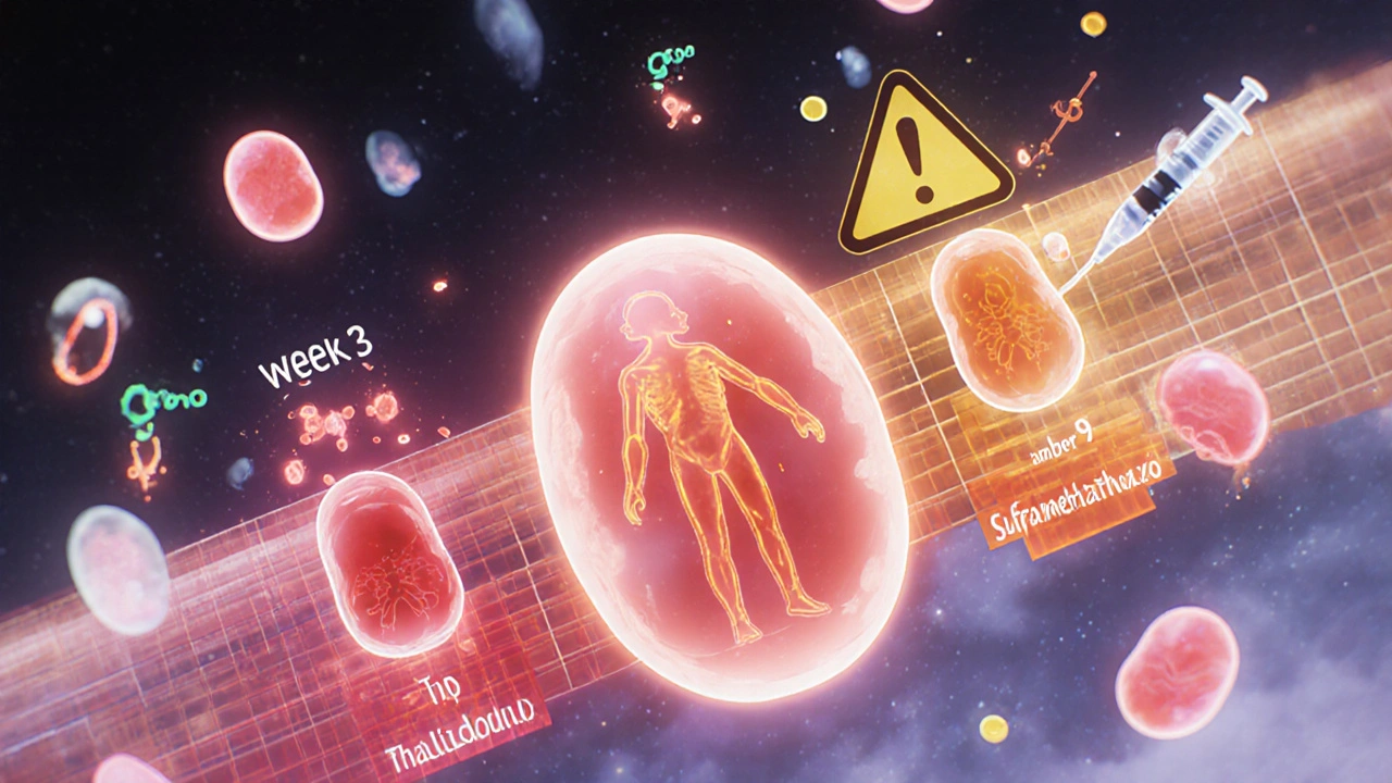 Kehittyvän vauvan aikajana viikkojen 3–9 välillä, vaaralliset aineet vaikuttamassa kehitykseen.