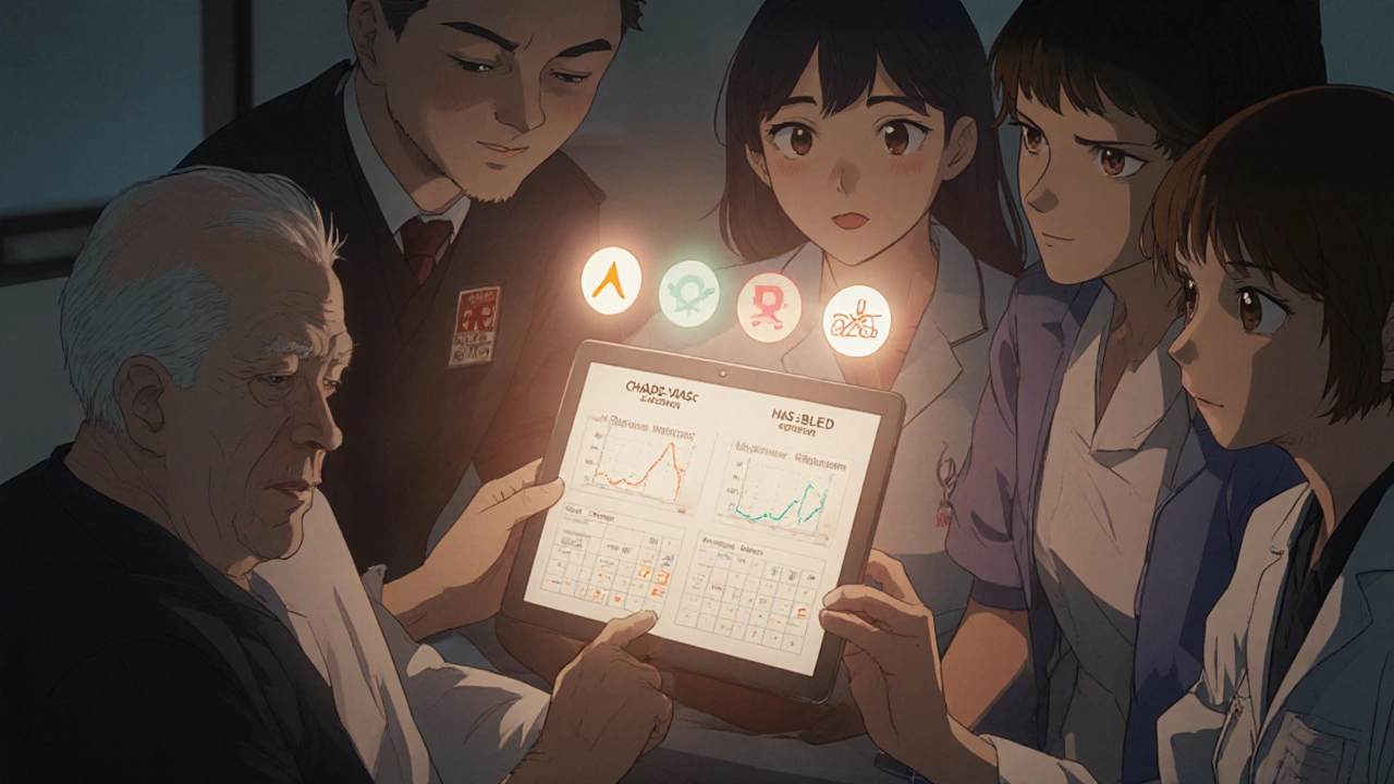 Lääkäri ja hoitajat tarkastelevat yhdessä potilaan verenohennusriskiä näytöllä, lääkkeiden kuvat näkyvissä.