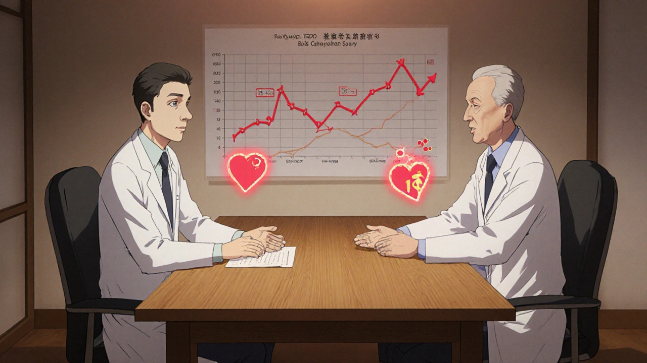 Lääkäri ja potilas keskustelevat TSH-tuloksesta ja terveysriskistä.