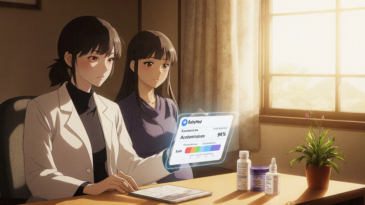 Lääkäri ja raskaana oleva nainen tarkastelevat turvallista lääkettä holografisella sovelluksella luotettavassa klinikassa.