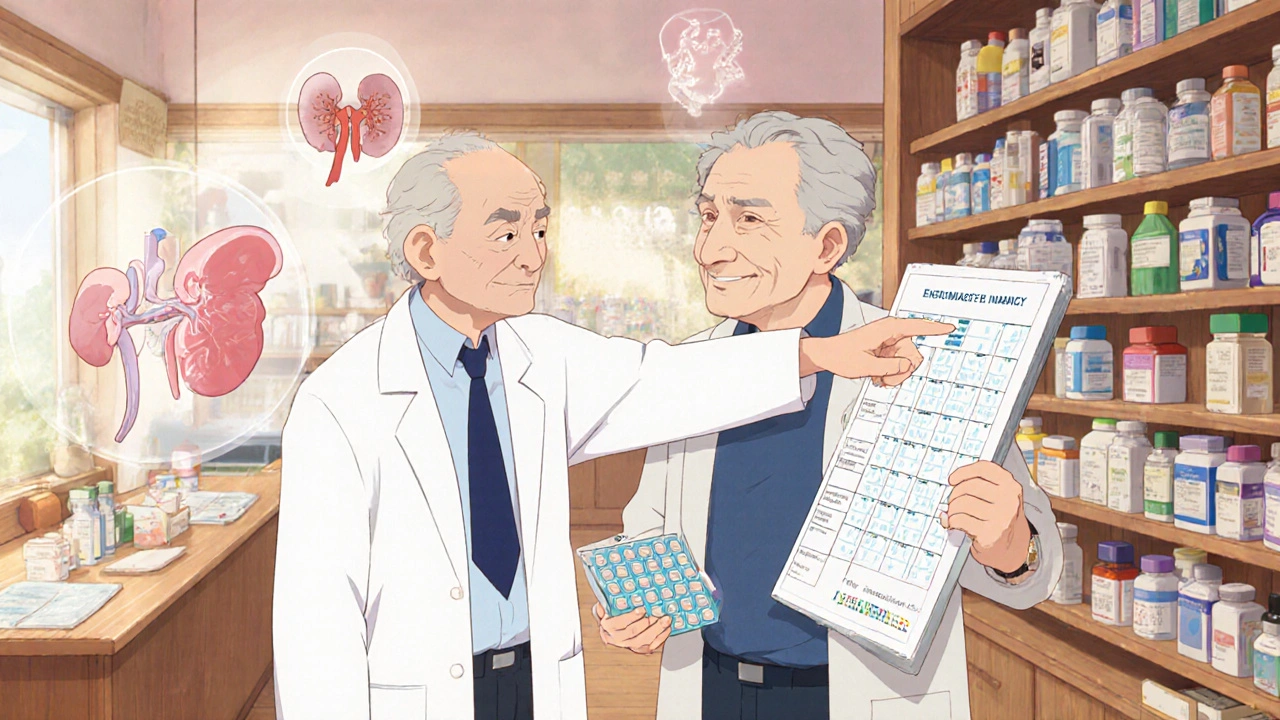 Lääkärin ja vanhan miehen keskustelu lääkkeistä apteekissa, jossa näkyy lääkkeitä ja organien symbolit.