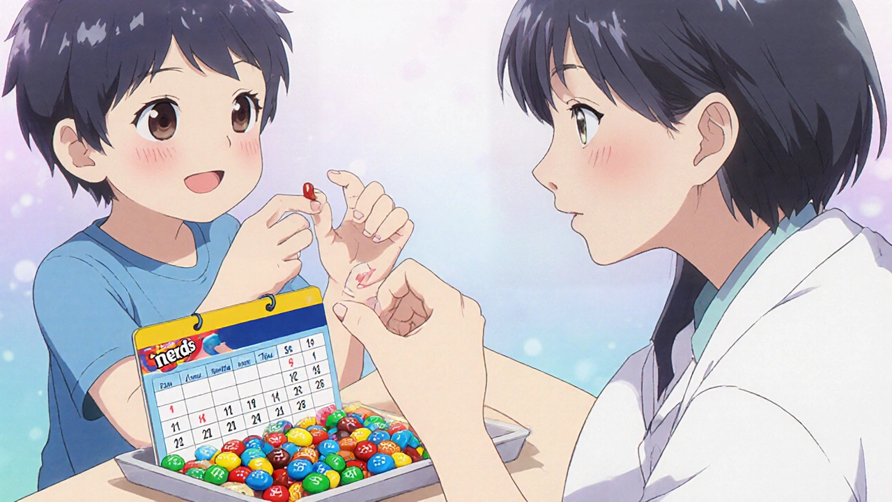 Lapsi oppii ottamaan pillerin kahden makeisen avulla, kuvassa Nerds- ja M&amp;M-makeiset.