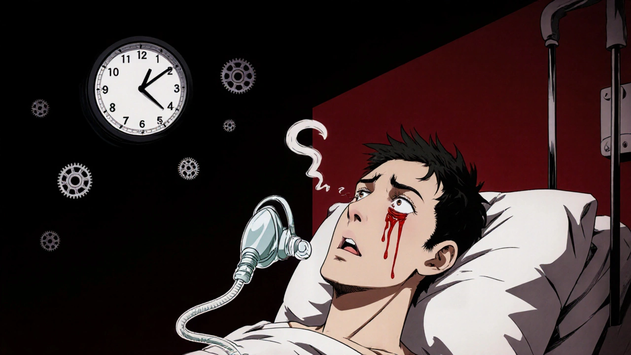 Mies sairaalavuoteessa, yksi silmä punainen, hengitysmaski, kello näkyy 2:15.