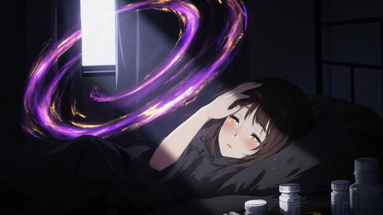 Nainen pimeässä huoneessa, silmä suljettuna, näkemässä valoja ja kuvioita.