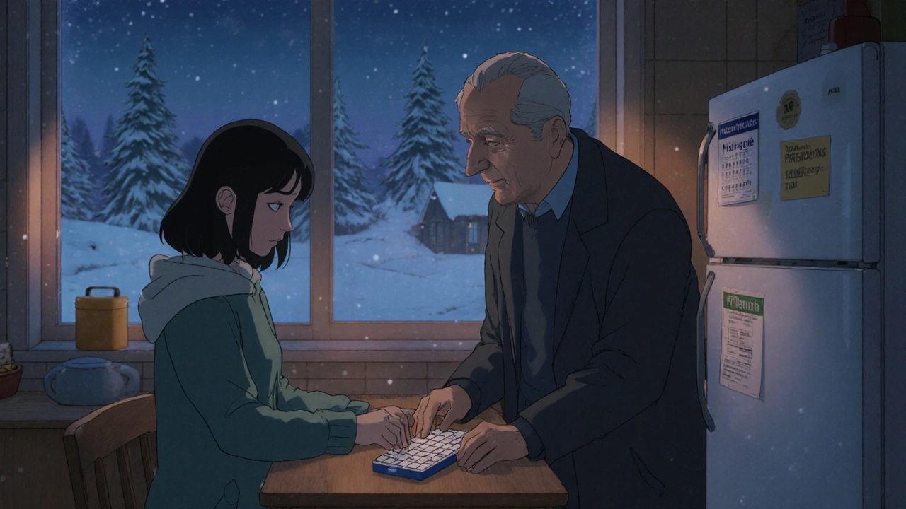 Perhe tarkistaa lääkkeiden ottamista keittiössä, apteekin ohjeet kiinnitetty jääkaappiin, talvinen ilta ikkunassa.