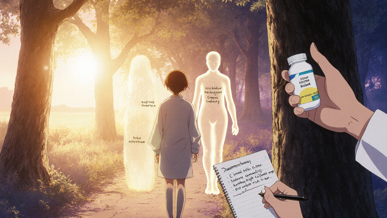 Potilas kävelee metsässä, kun haitat muuttuvat kultaisiksi valoiksi lääkärin läsnäollessa.