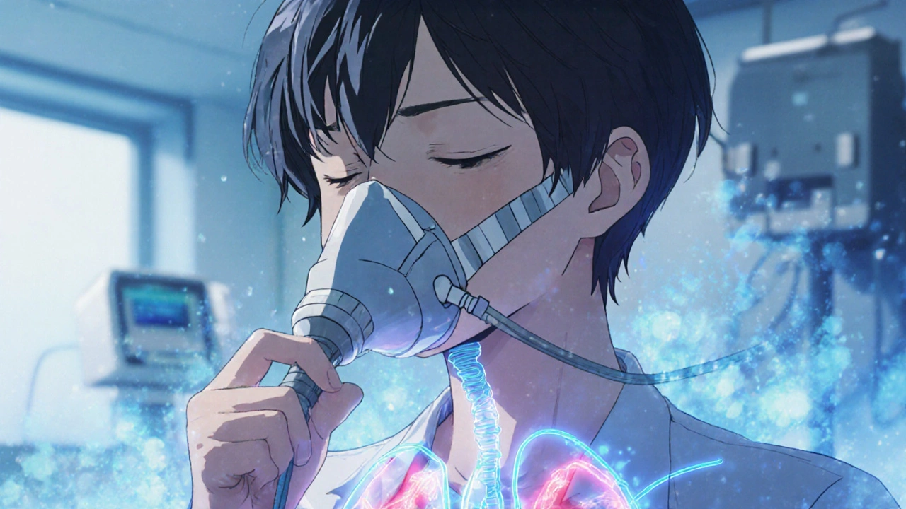 Potilas pitää hengitystään DLCO-testissä, keuhkoissa näkyy kaasunvaihto.