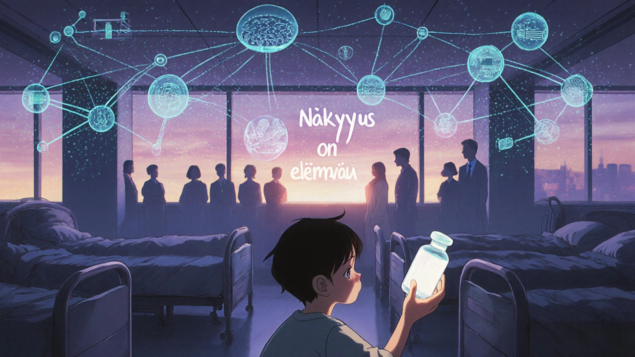 Sairaalavuoro, digitaalinen ketju valaistuna ylhäällä, lapsi nostaa lääkkeen.