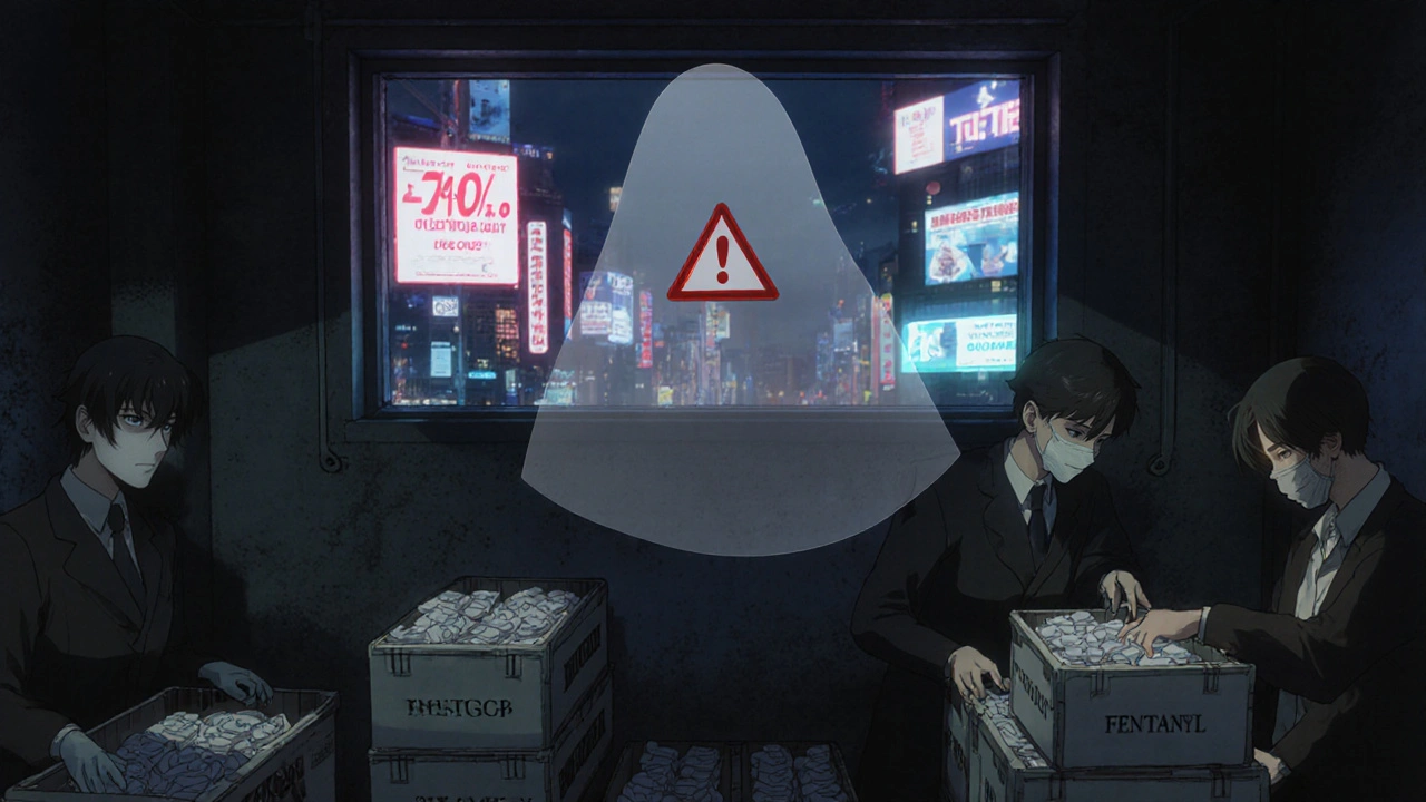 Salainen verkosto pakkaa valelääkkeitä varastossa, taustalla sosiaalisen median mainokset.