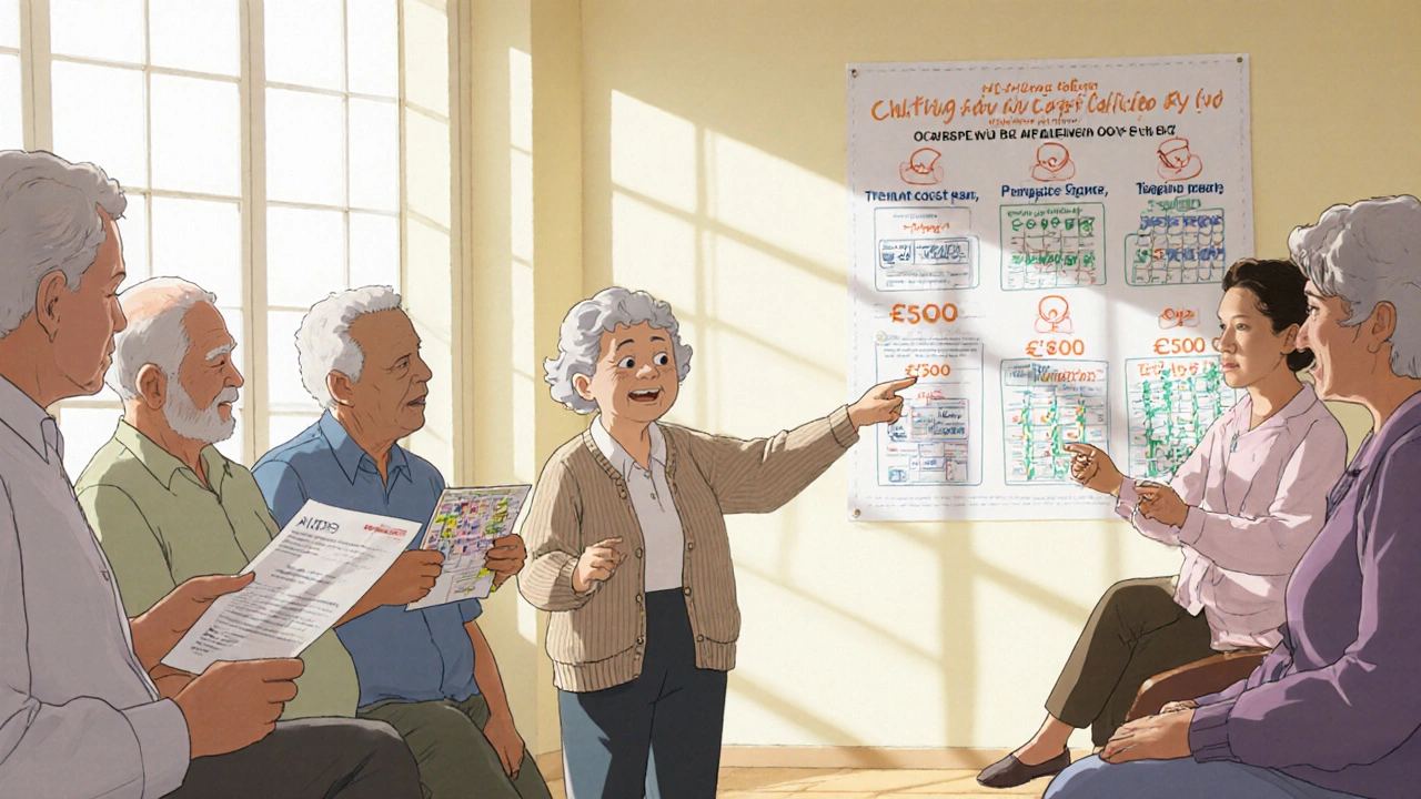 SHIP counselor guiding seniors in a community center about Medicare plan choices.