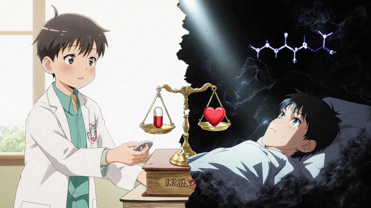 Split scene showing a child healthy and then ill, with a symbolic scale balanced on an old law book.