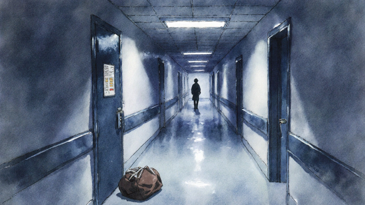 Tyhjä sairaalan käytävä, jossa on hukassa henkilökohtainen laukku lähellä lääkehuonetta.