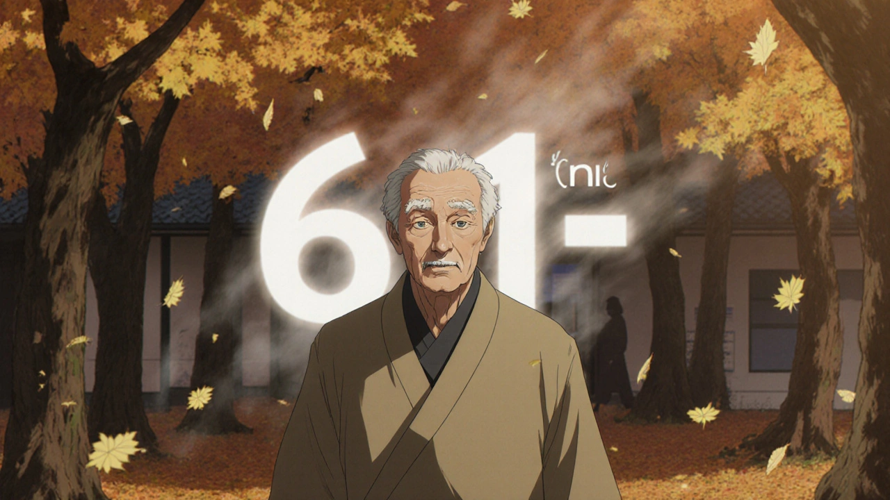 Vanha mies kävelee syksyn metsässä, TSH-arvo hajoaa ilmassa.